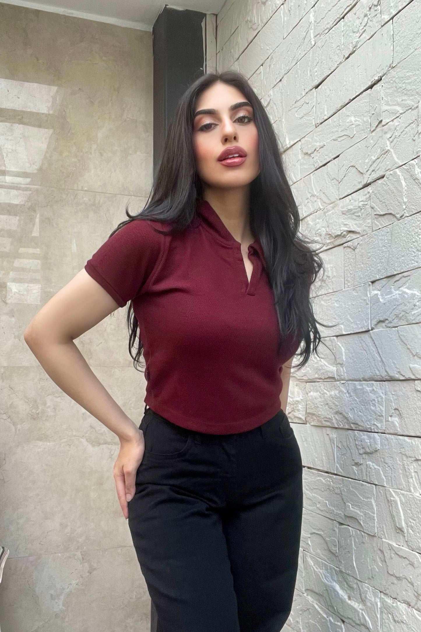 Cropped Textured Polo Top in Rosewood