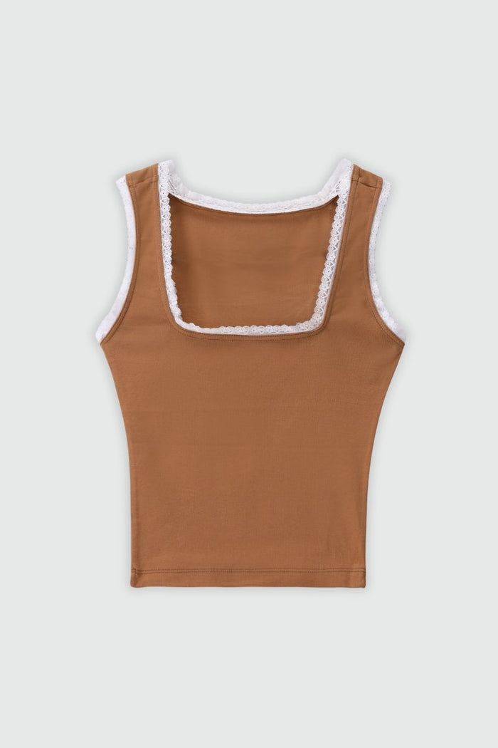 Lace Layer Square Neck Tank Top in Light Brown