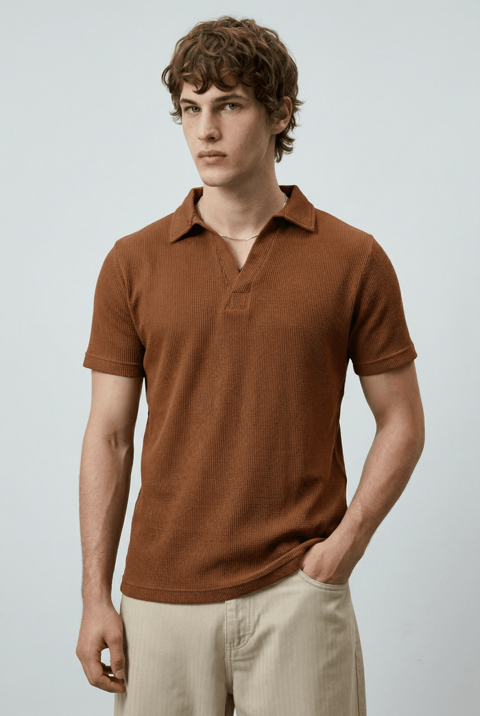 Waffle-Knit Revere Polo Shirt in Cinnamon