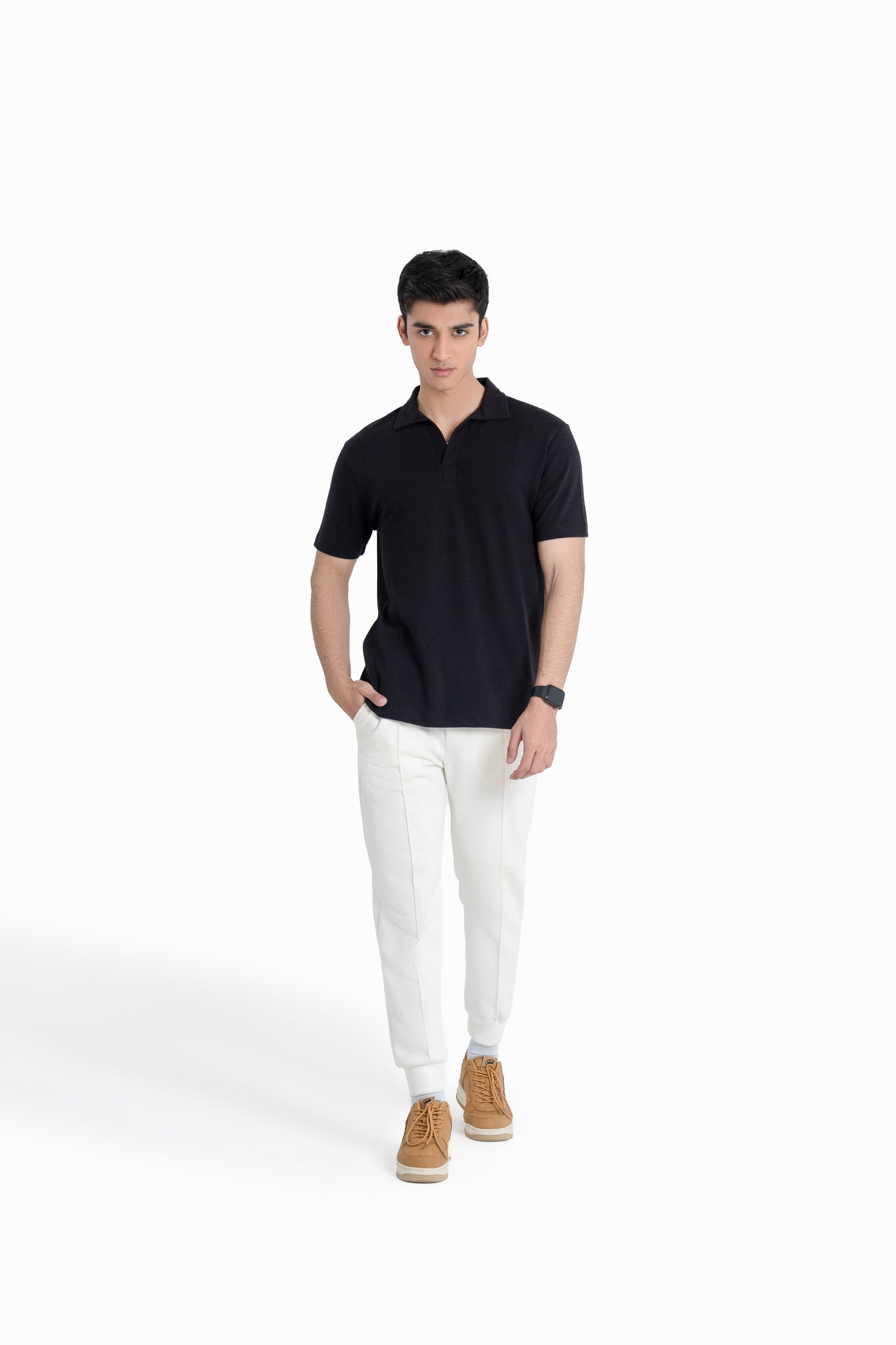 Popcorn-Knit Revere Polo Shirt in Black