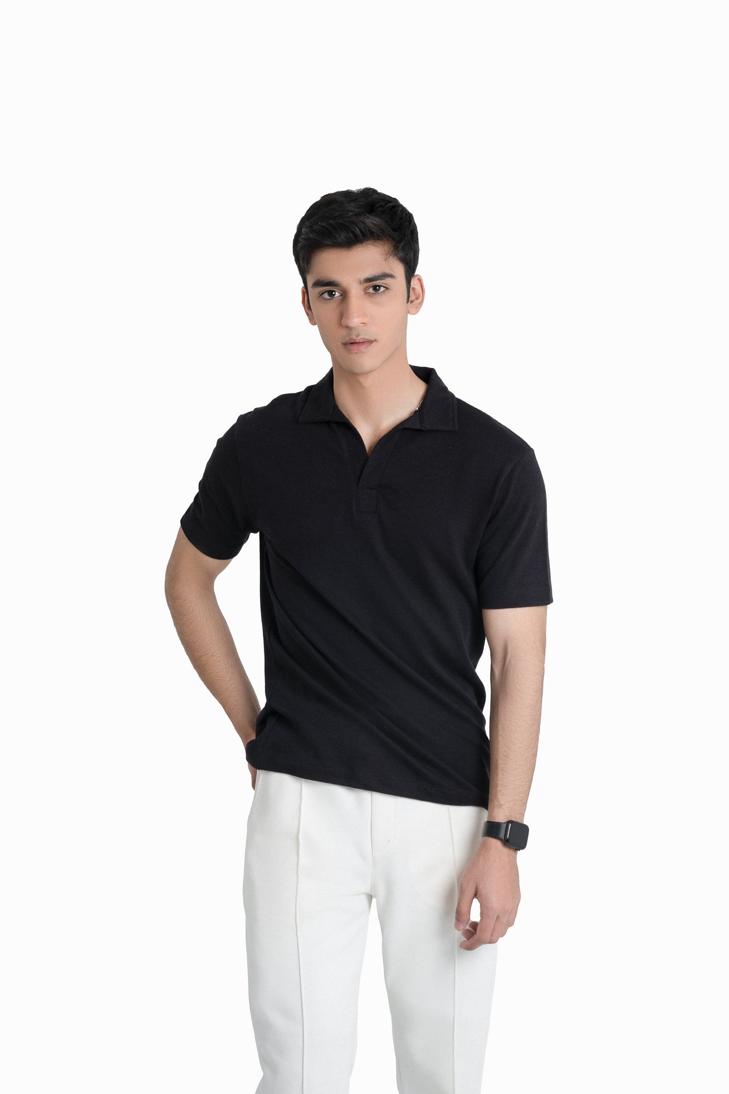 Popcorn-Knit Revere Polo Shirt in Black