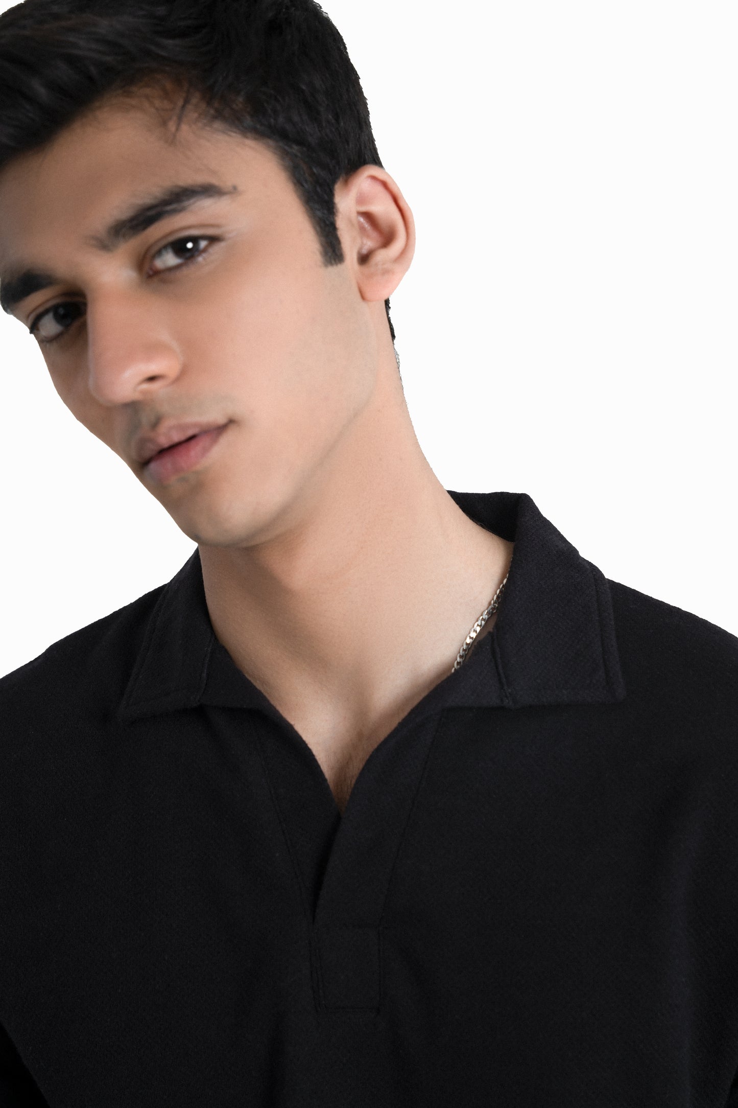 Popcorn-Knit Revere Polo Shirt in Black