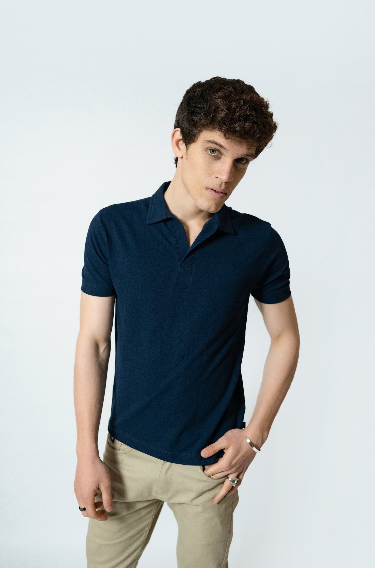 Polo Shirt with Revere Collar in Blue