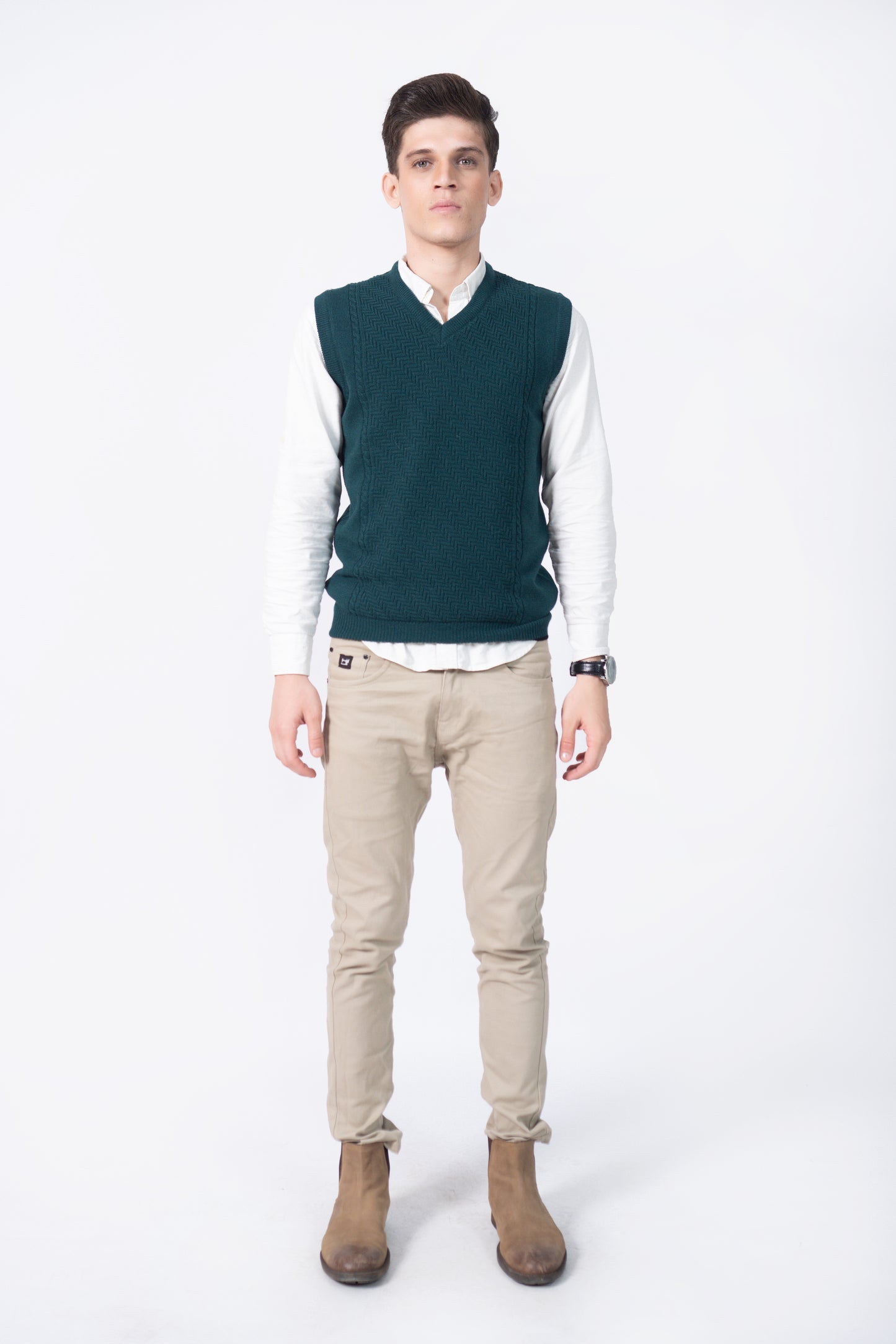 Herringbone Knit Sleeveless V-Neck in Wool