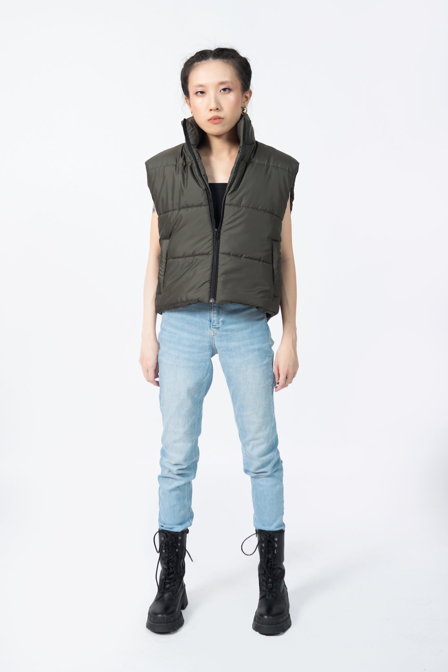 Sleeveless Puffer Jacket in Olive