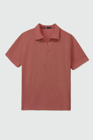 Waffle-Knit Revere Polo Shirt in Salmon Pink