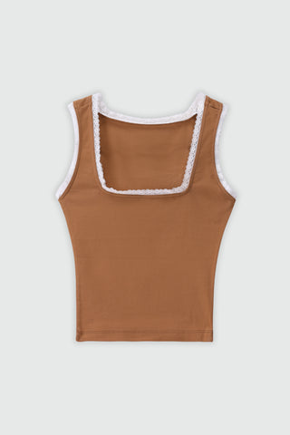 Lace Layer Square Neck Tank Top in Light Brown