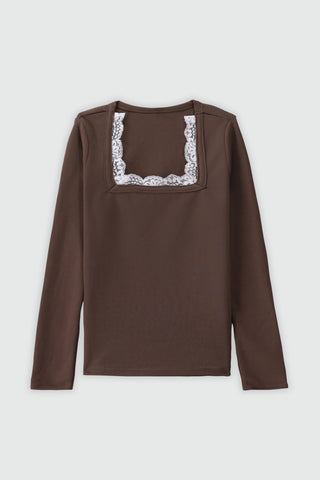 Lace Layer Square Neck Top in Wood Brown