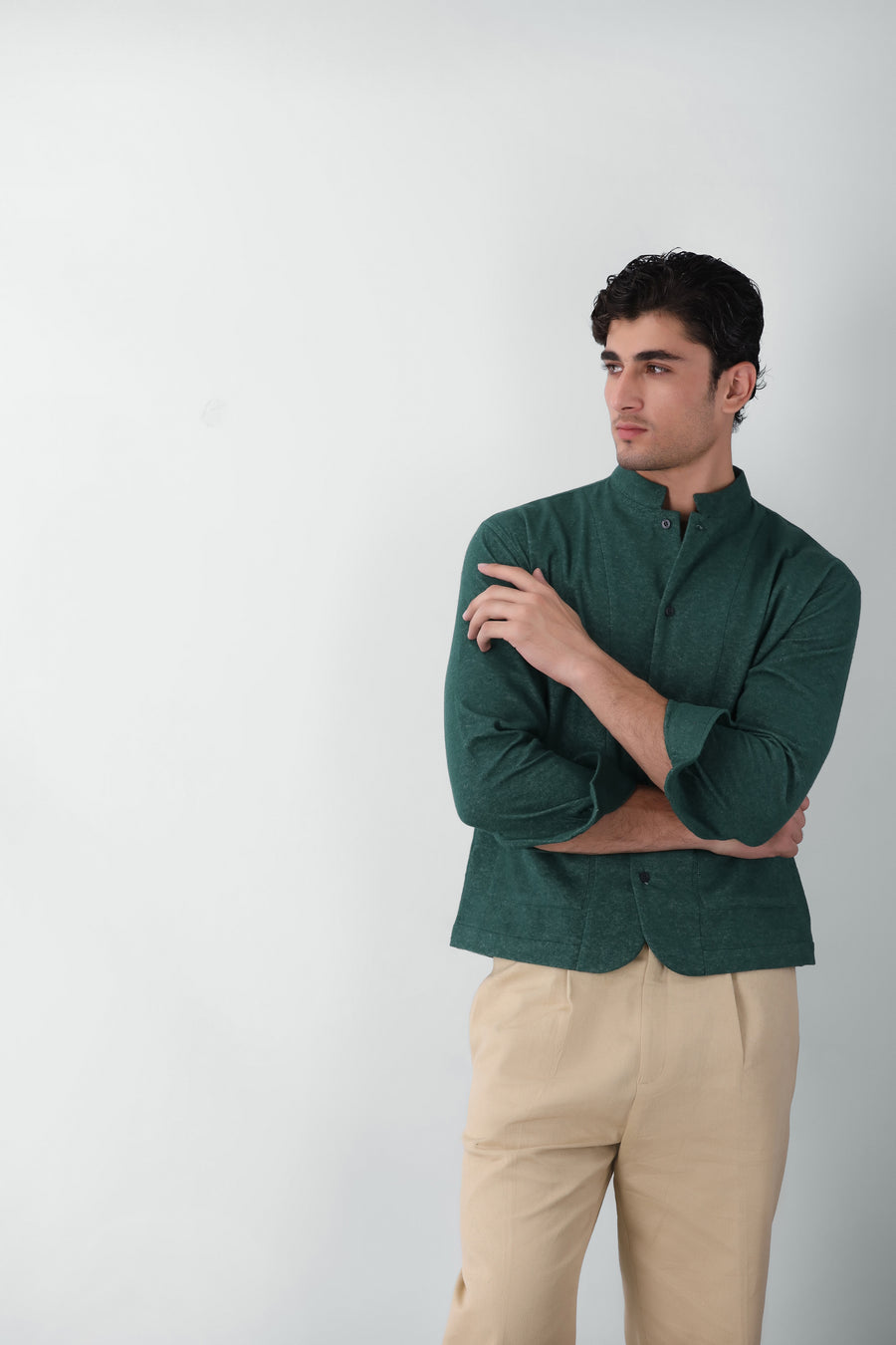 Stand-up Collar Overshirt in Brushed Green