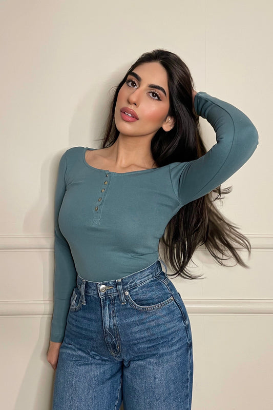 Ribbed Henley Top in Teal