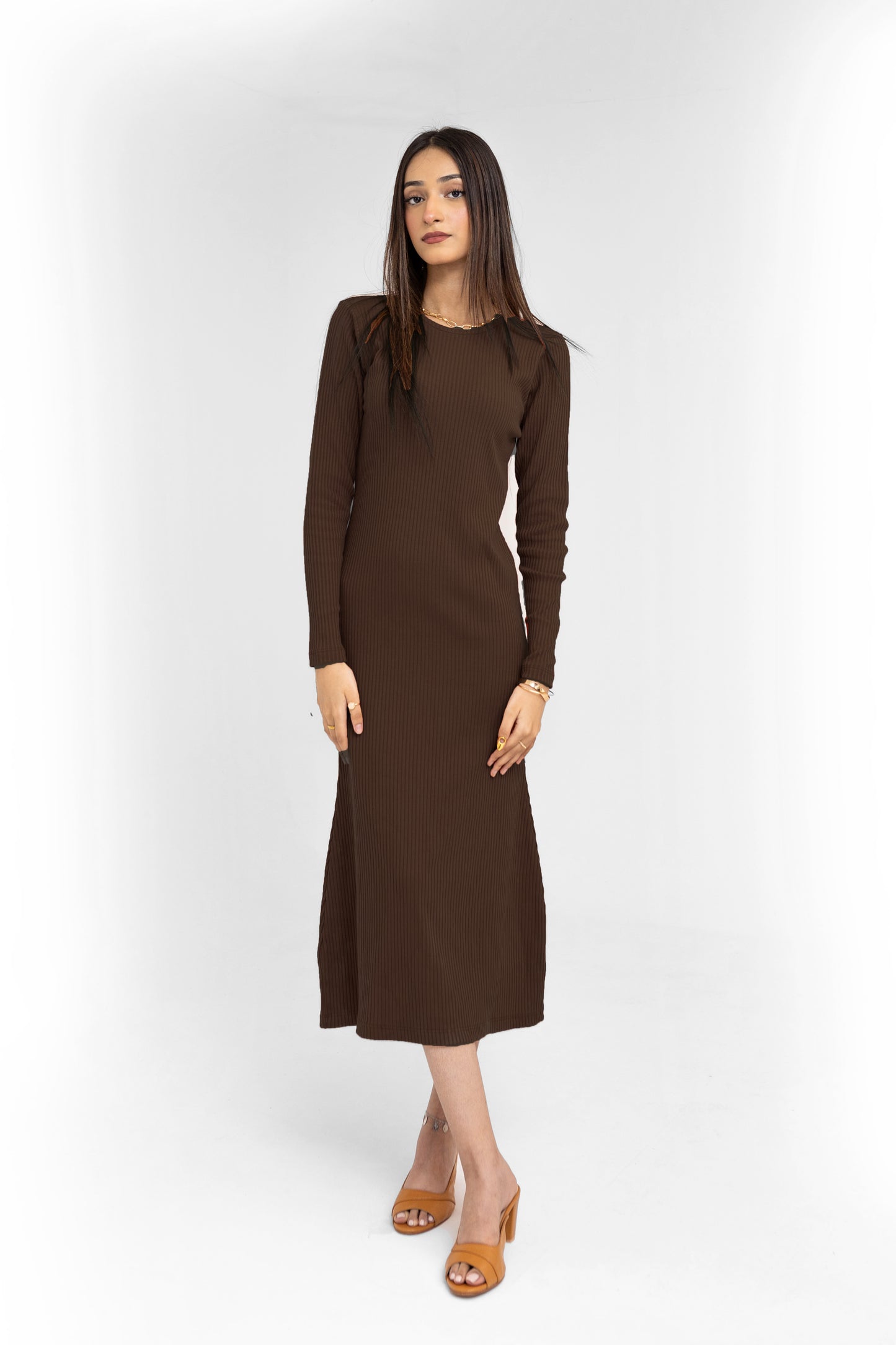 Vertical-knit Midi Dress in Chocolate