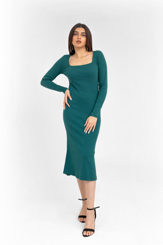 Square Neck Midi Dress in Bottle Green