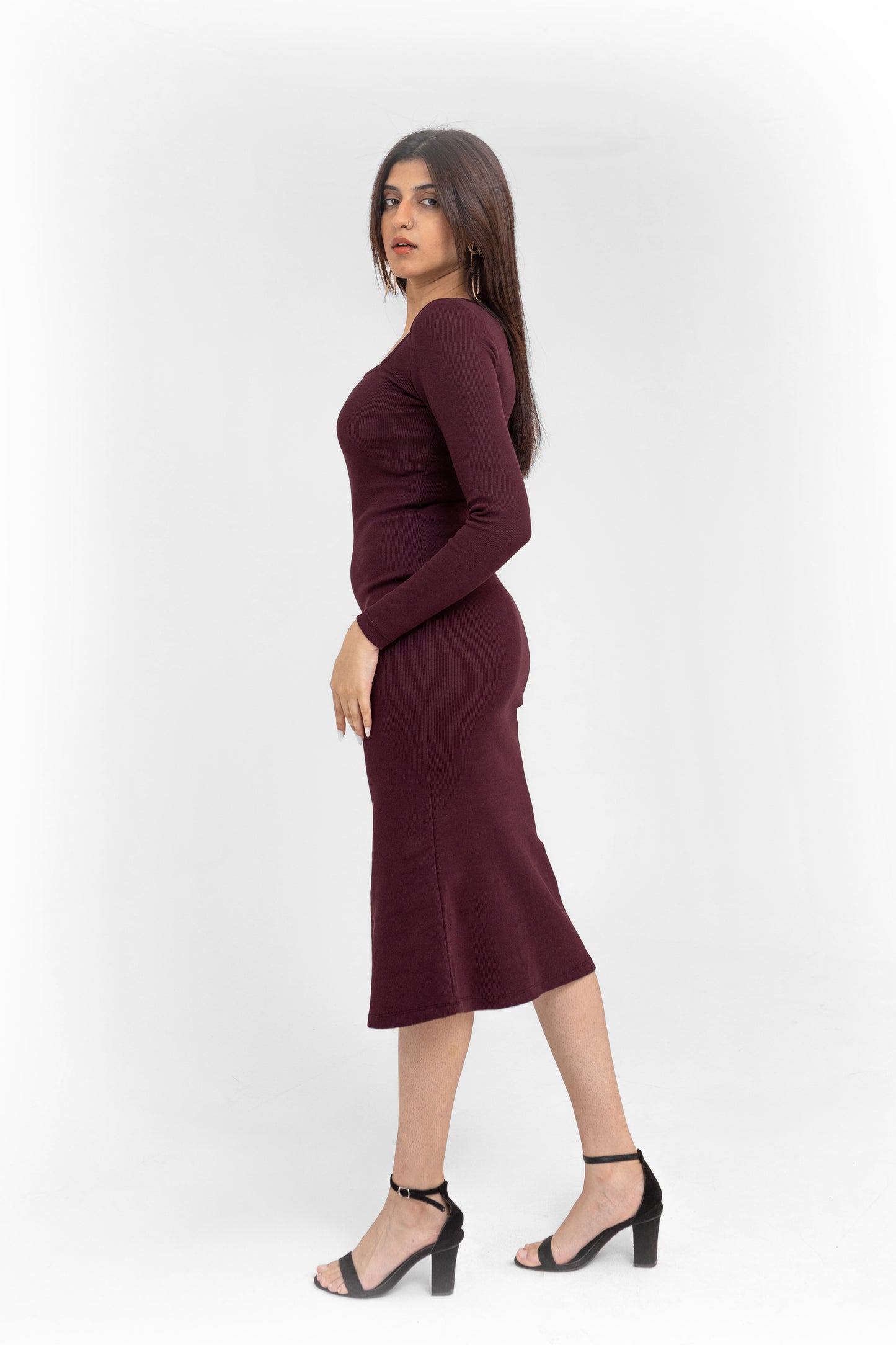 Square Neck Midi Dress in Burgundy