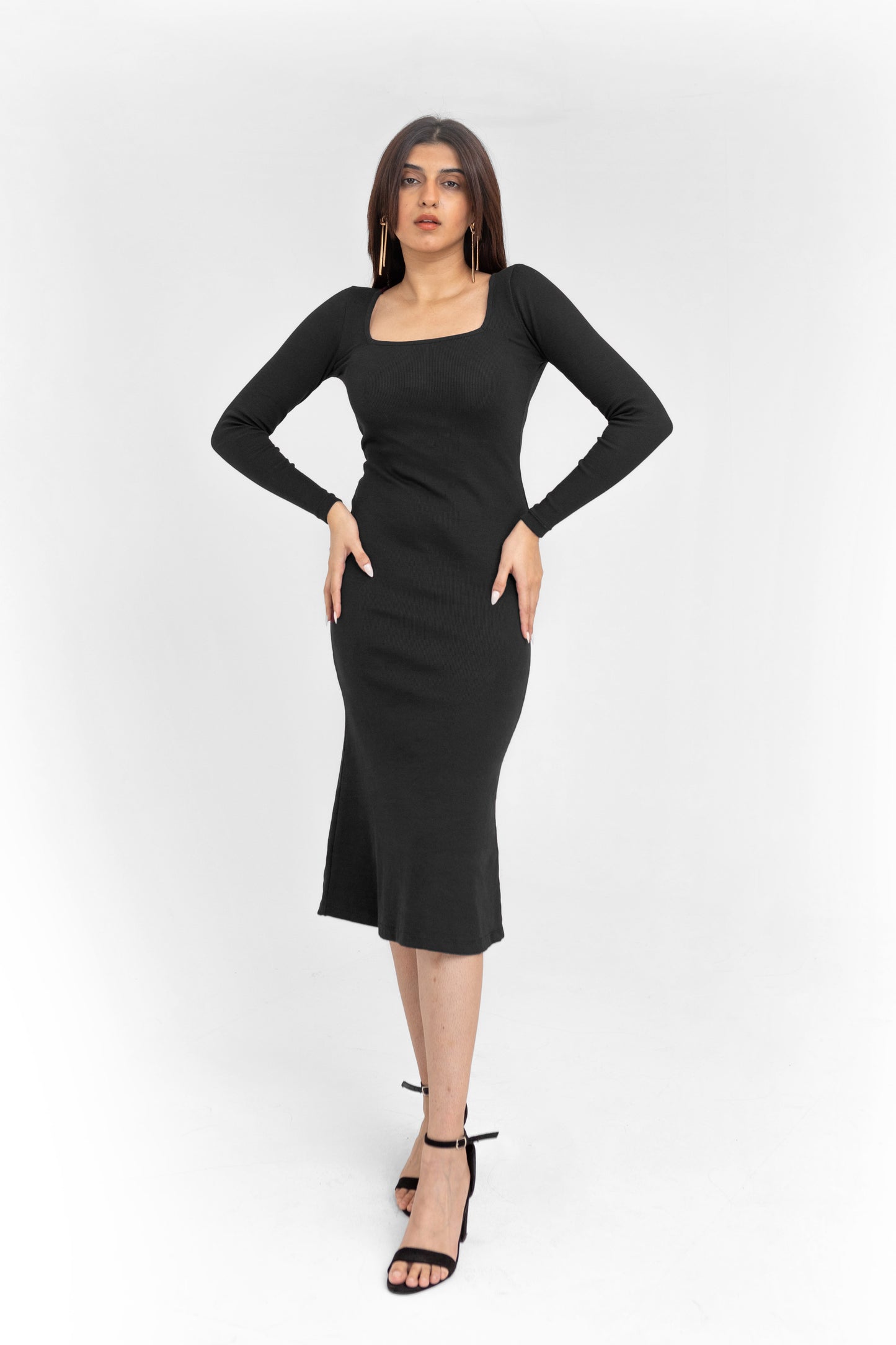 Square Neck Midi Dress in Black