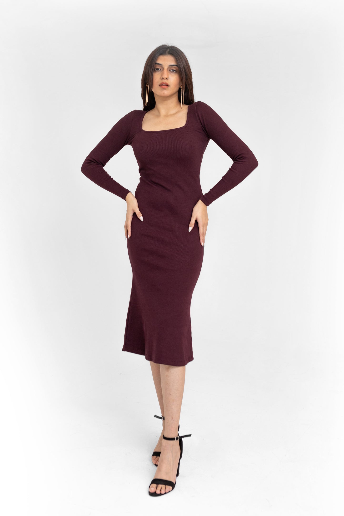 Square Neck Midi Dress in Burgundy