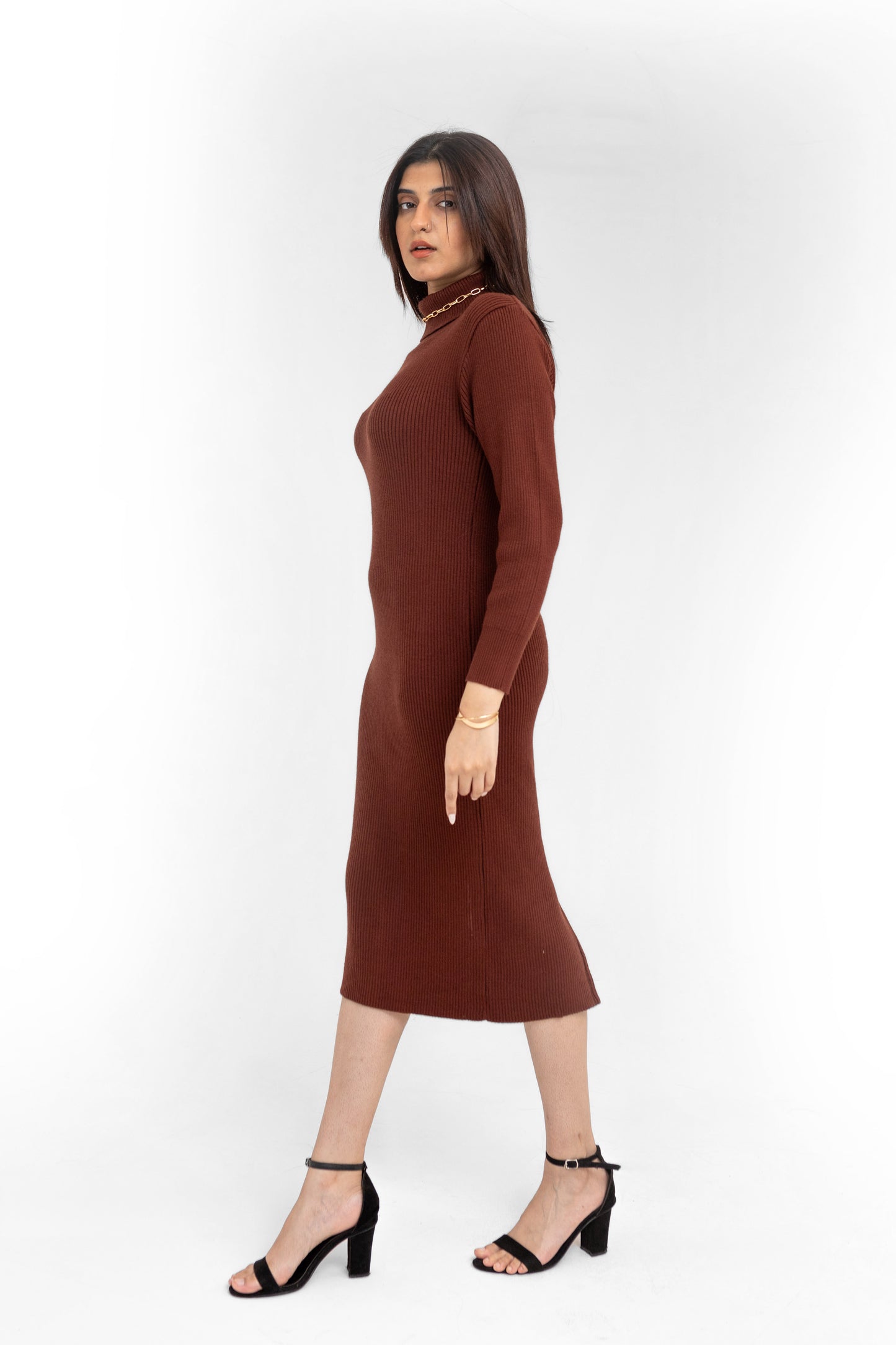 Turtle Neck Long Dress in Chocolate