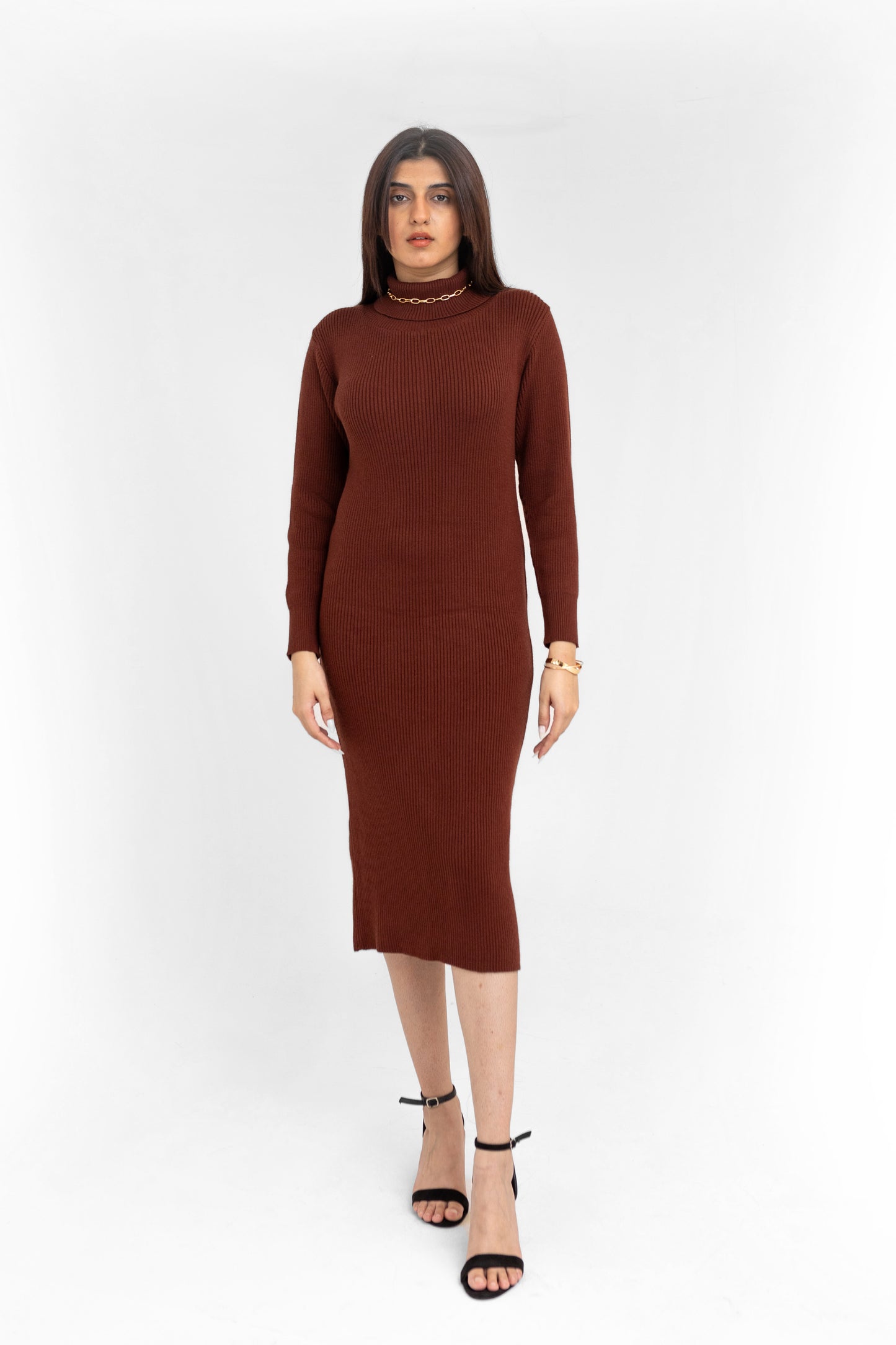 Turtle Neck Long Dress in Chocolate