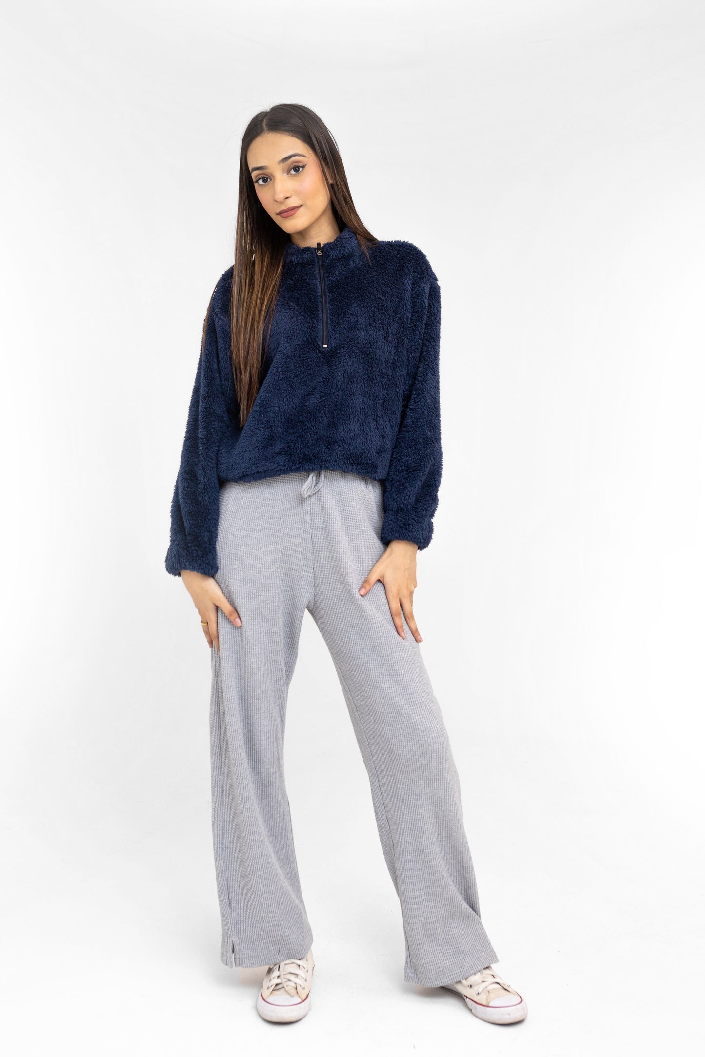 Teddy Fur Q-zip Jumper in Navy