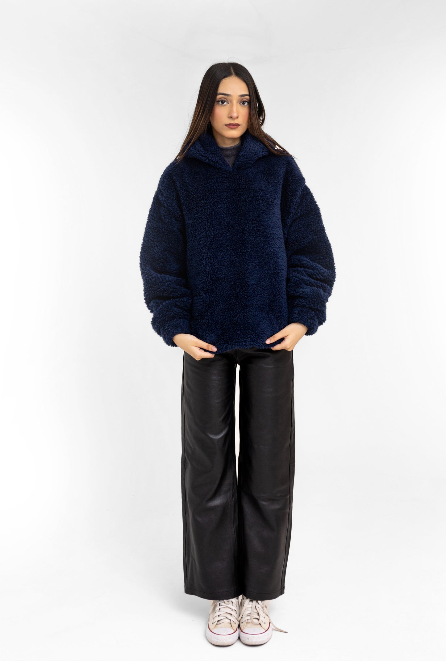 Teddy Fur Oversized Hood in Navy