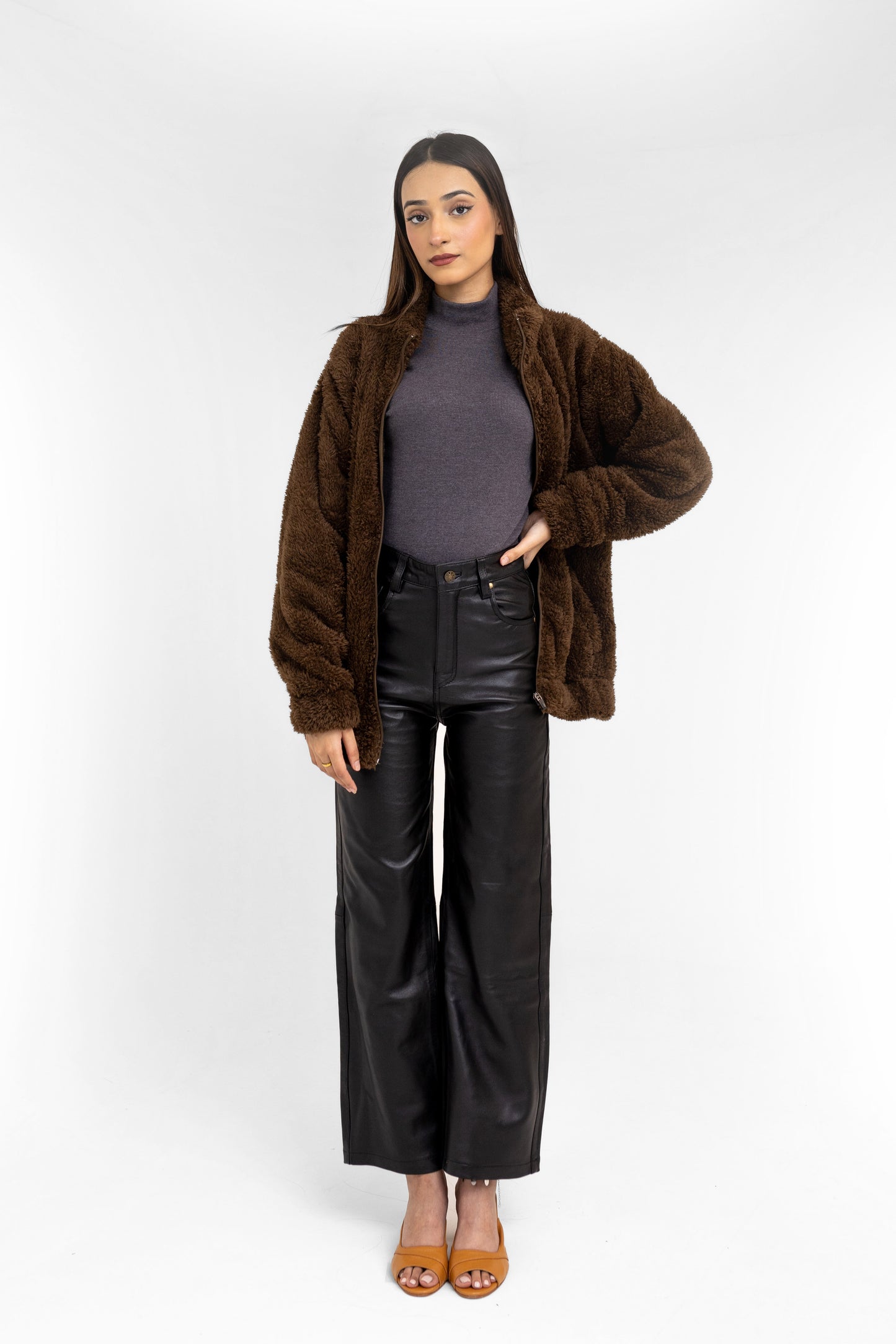 Teddy Fur Mock Jacket in Brown