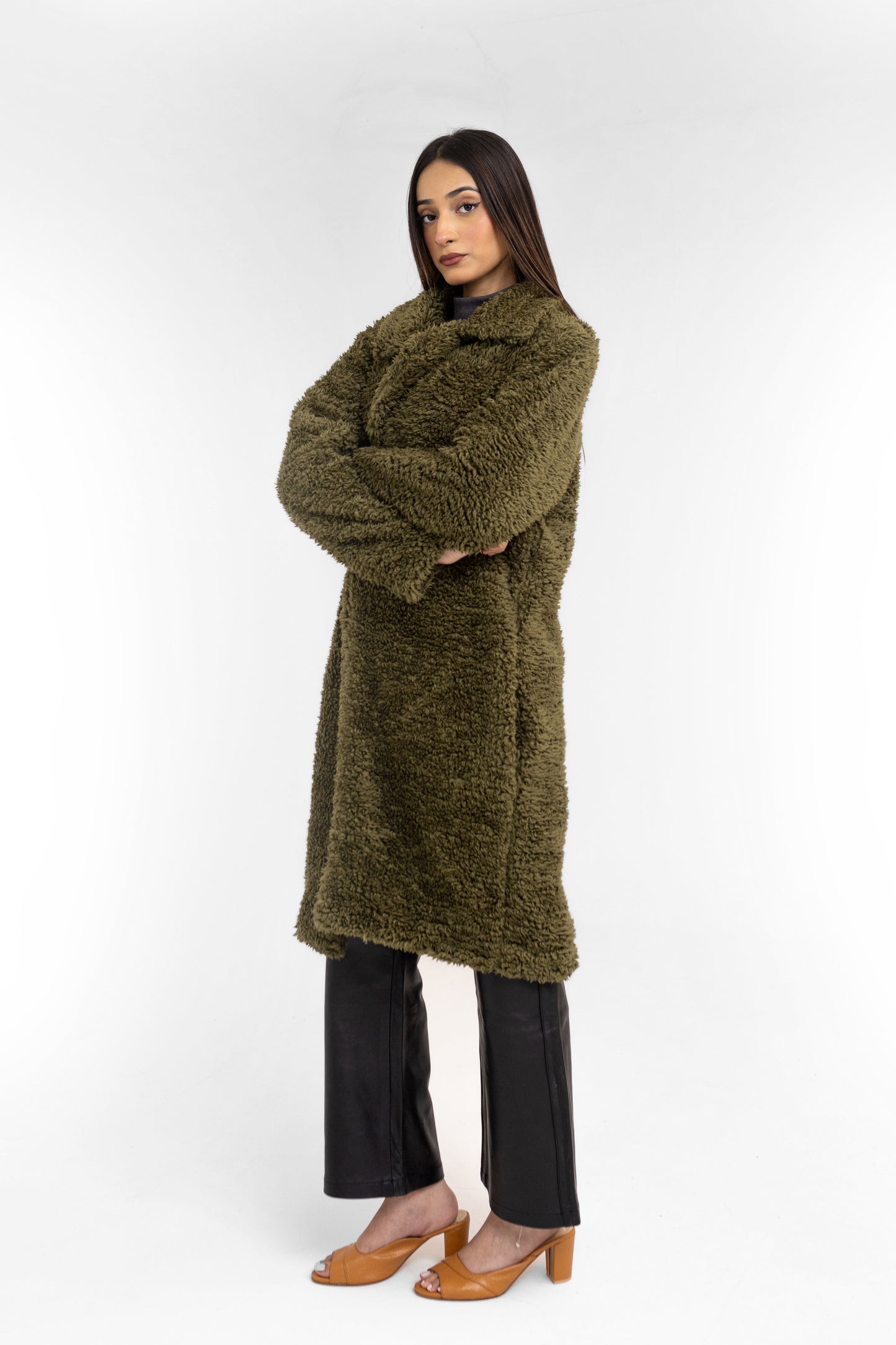 Fur Maxi Coat in Olive