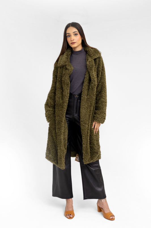 Fur Maxi Coat in Olive