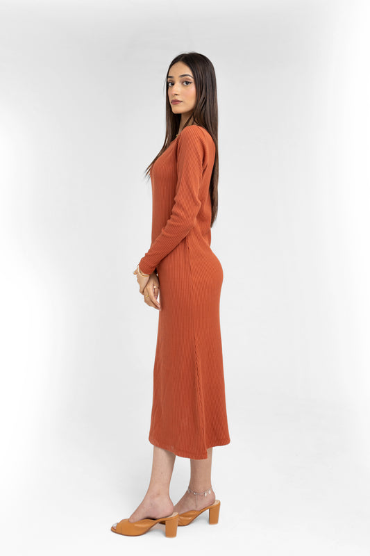 Vertical-knit Midi Dress in Flourscent Orange