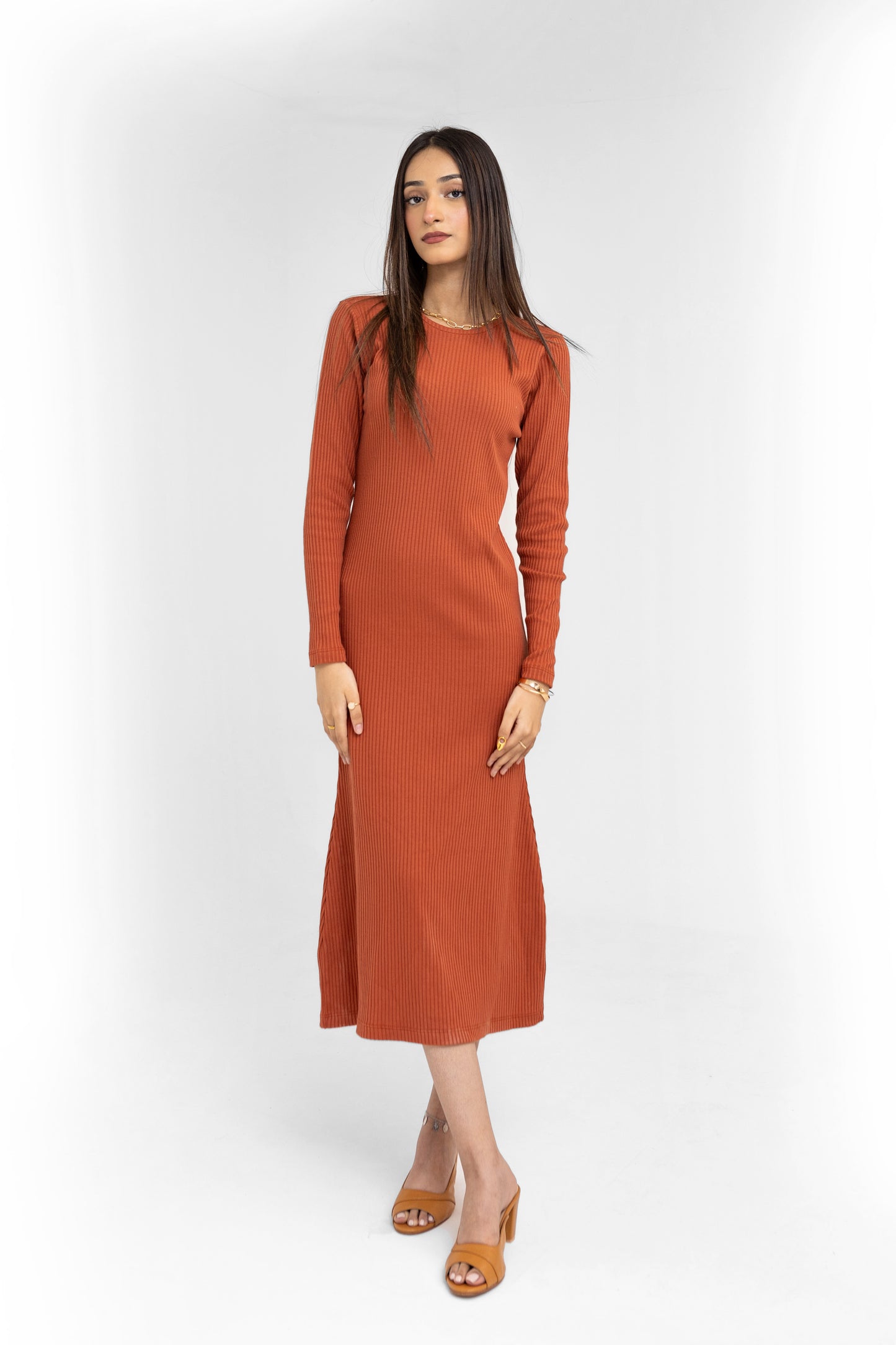 Vertical-knit Midi Dress in Flourscent Orange