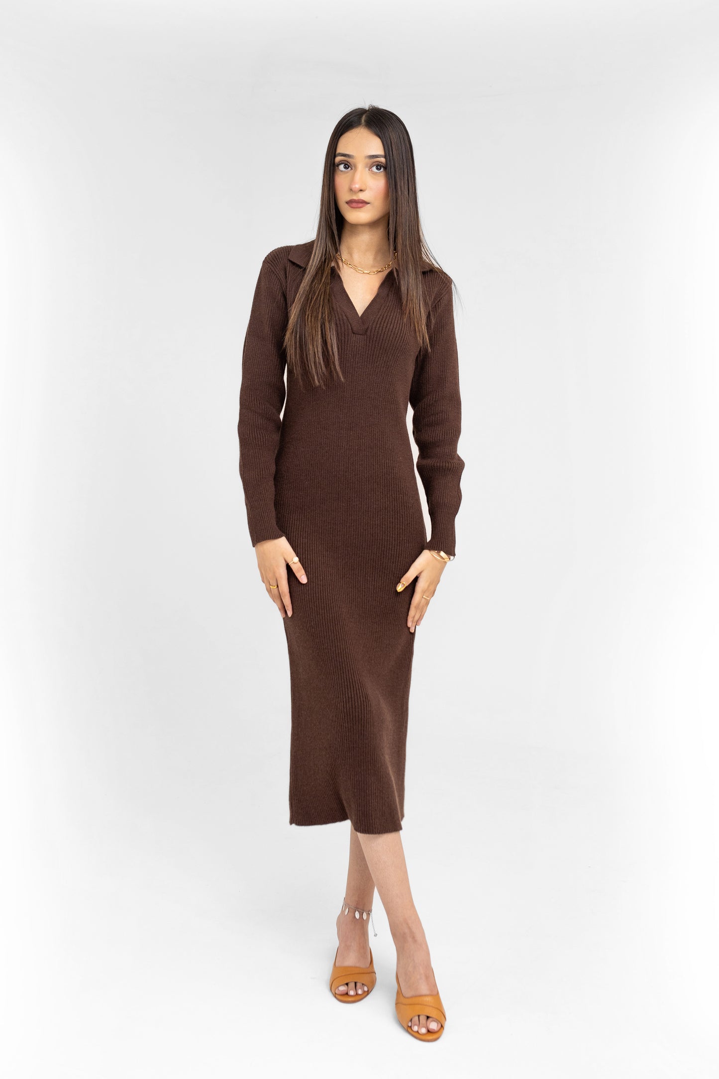 Knit Polo Dress in Dark Brown