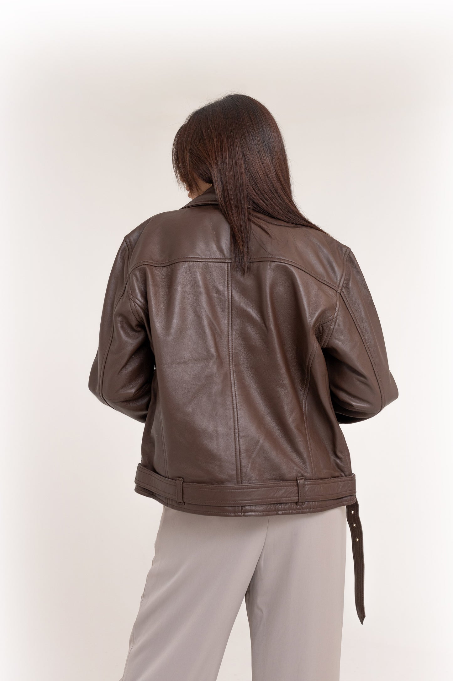 Oversized Leather Biker Jacket in Brown