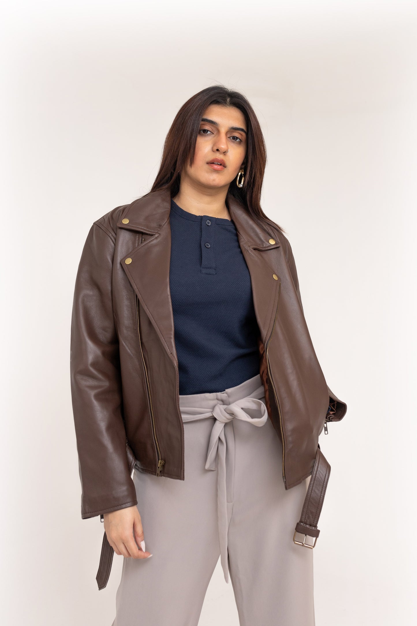 Oversized Leather Biker Jacket in Brown