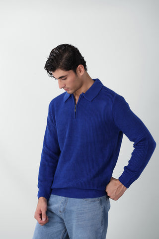 Chunky Knitted Polo Q-zip Jumper in Lapis Blue
