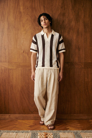 Crochet Johnny Collar Striped Polo in Mocha
