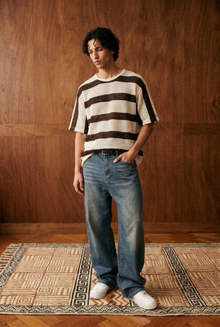 Relaxed Crochet Striped Tee in Mocha