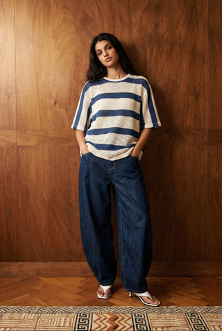 Relaxed Crochet Striped Tee in Deep Blue