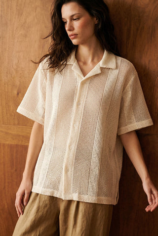 Relaxed Crochet Resort Striped Shirt in Ivory