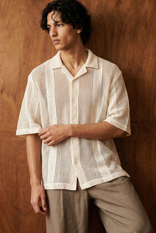 Relaxed Crochet Resort Striped Shirt in Ivory