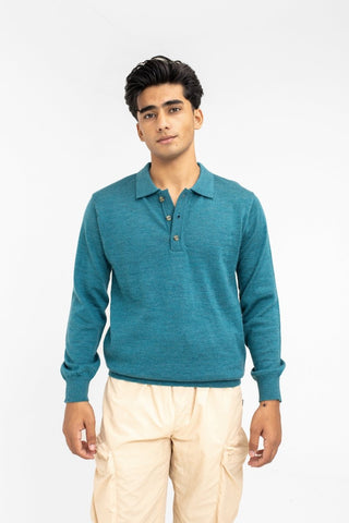 100% Merino Wool Polo in Deep Blue - AttirSWEATER