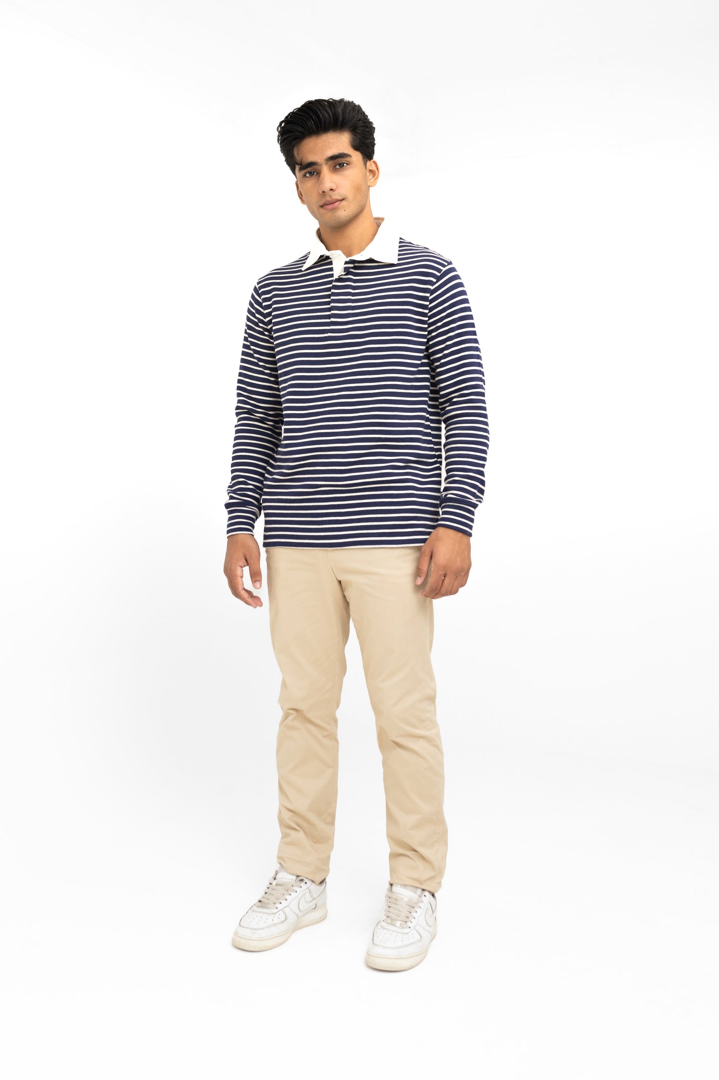 Contrast Collar Striped Polo in Navy