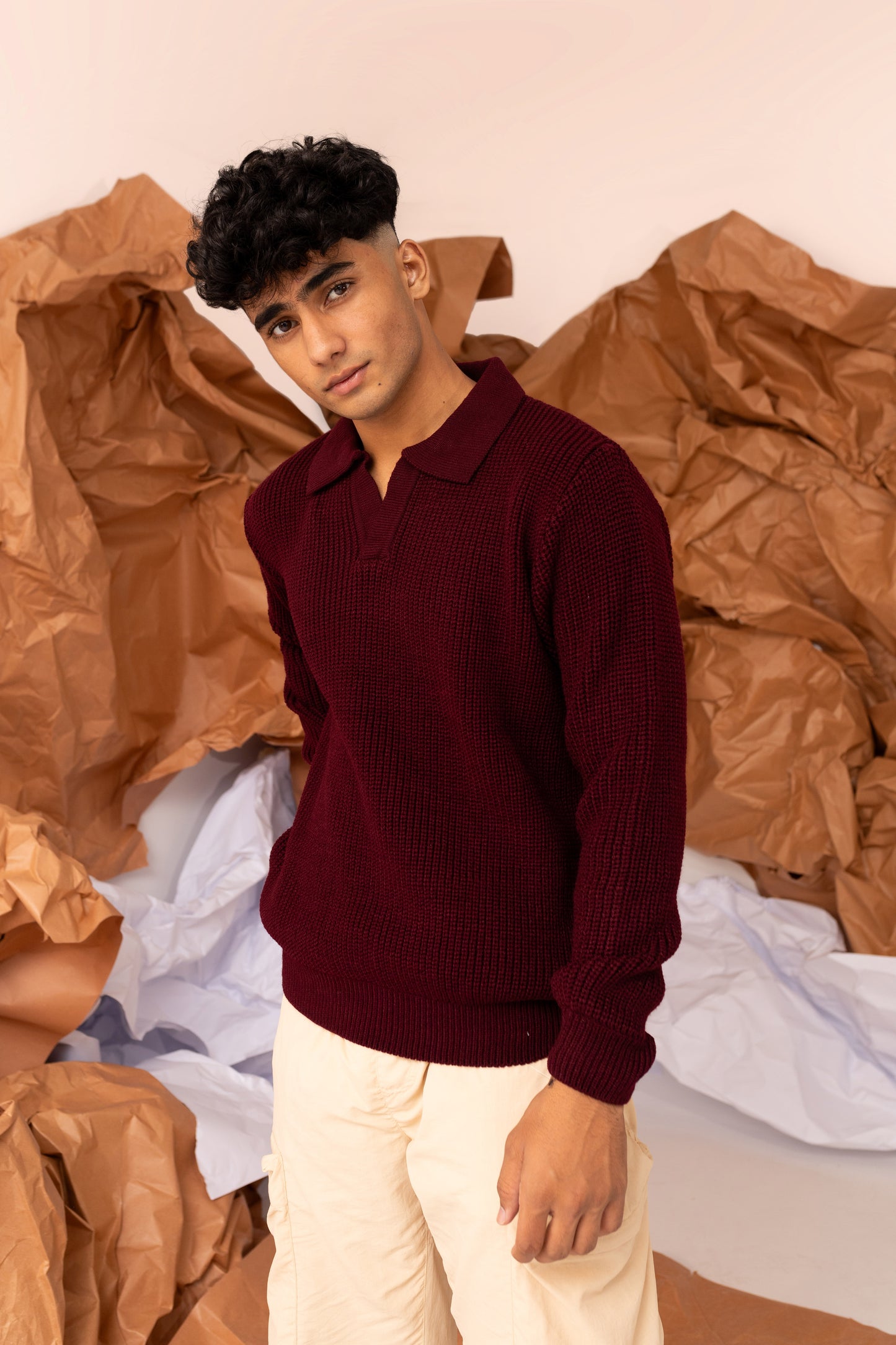 Chunky-knit Polo Jumper in Maroon