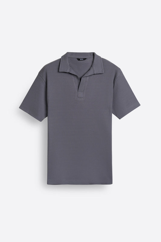 Waffle-Knit Revere Polo Shirt in Shark Grey