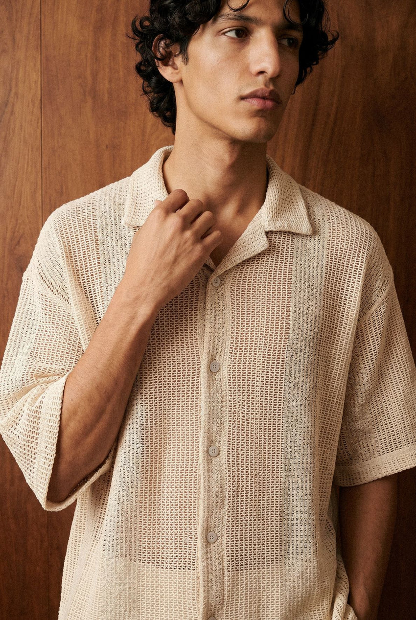 Relaxed Crochet Resort Striped Shirt in Ivory SHIRT ATTIR-UNISEX