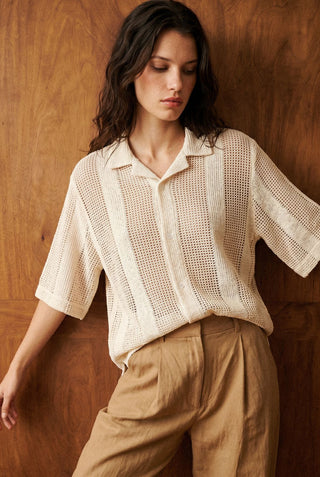 Relaxed Crochet Resort Striped Shirt in Ivory
