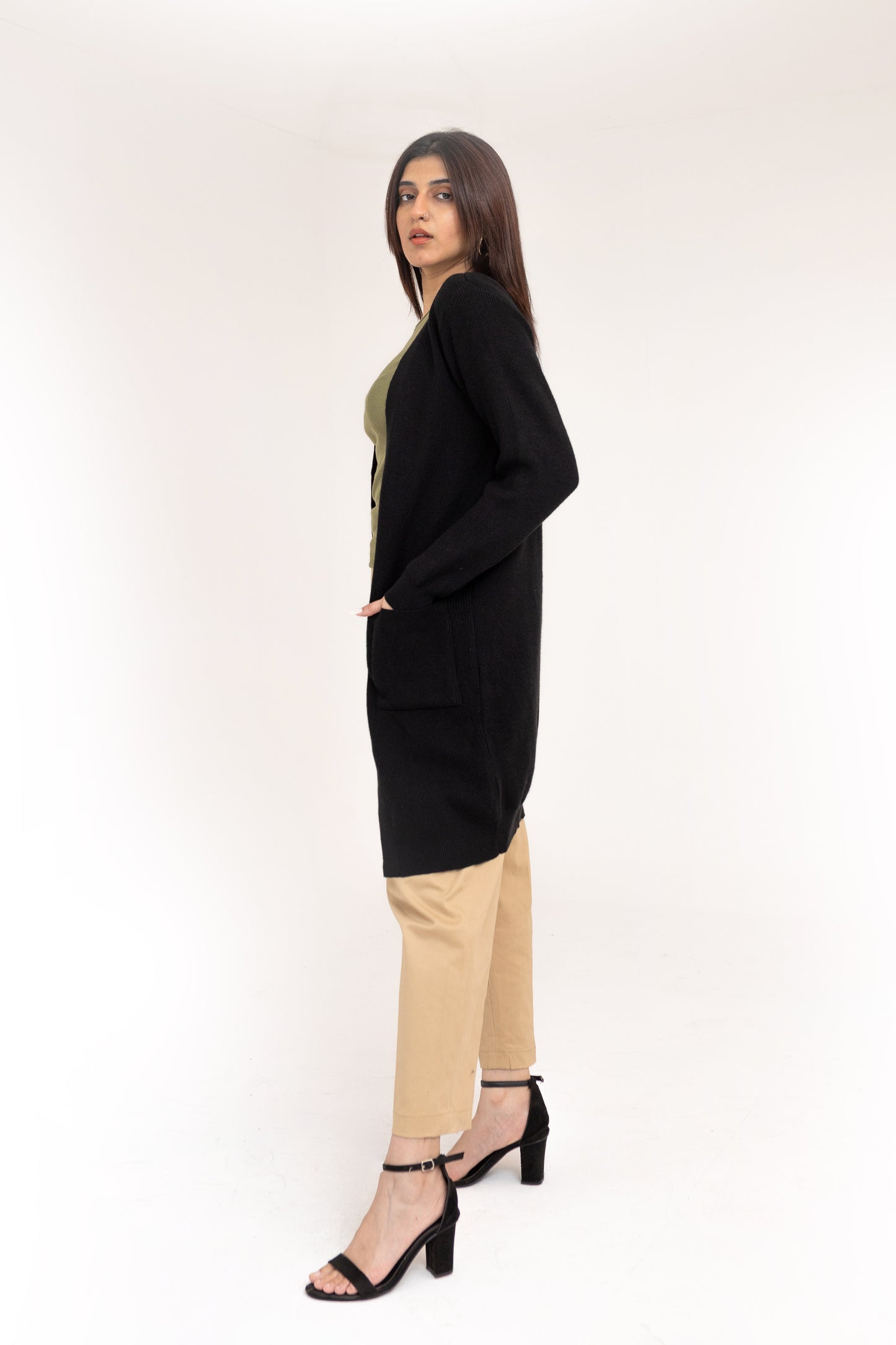 Long Cardigan with Pockets in Black