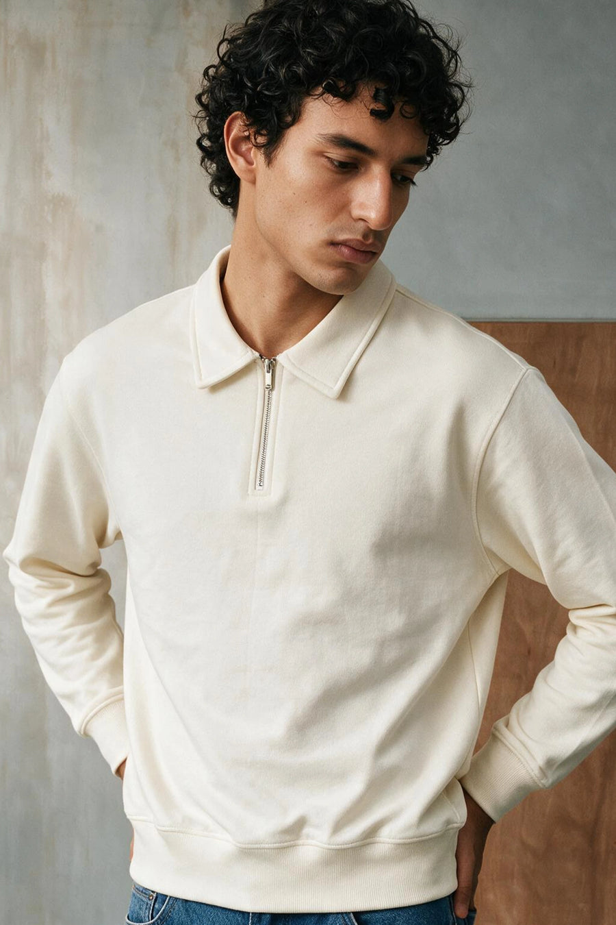 Relaxed-fit Zip-up Polo Shirt /  WHITE