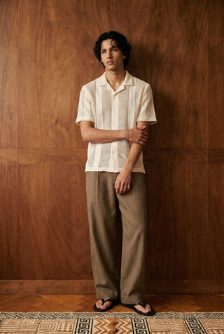 Relaxed Crochet Resort Striped Shirt in Ivory