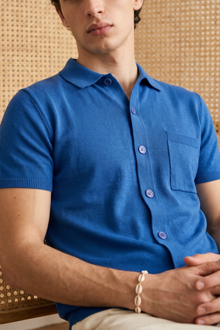 Knitted Button-Up Polo in Deep Blue SHIRT ATTIR-MEN