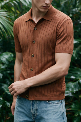 Tuck-Knit Button-Up Polo in Rust Orange