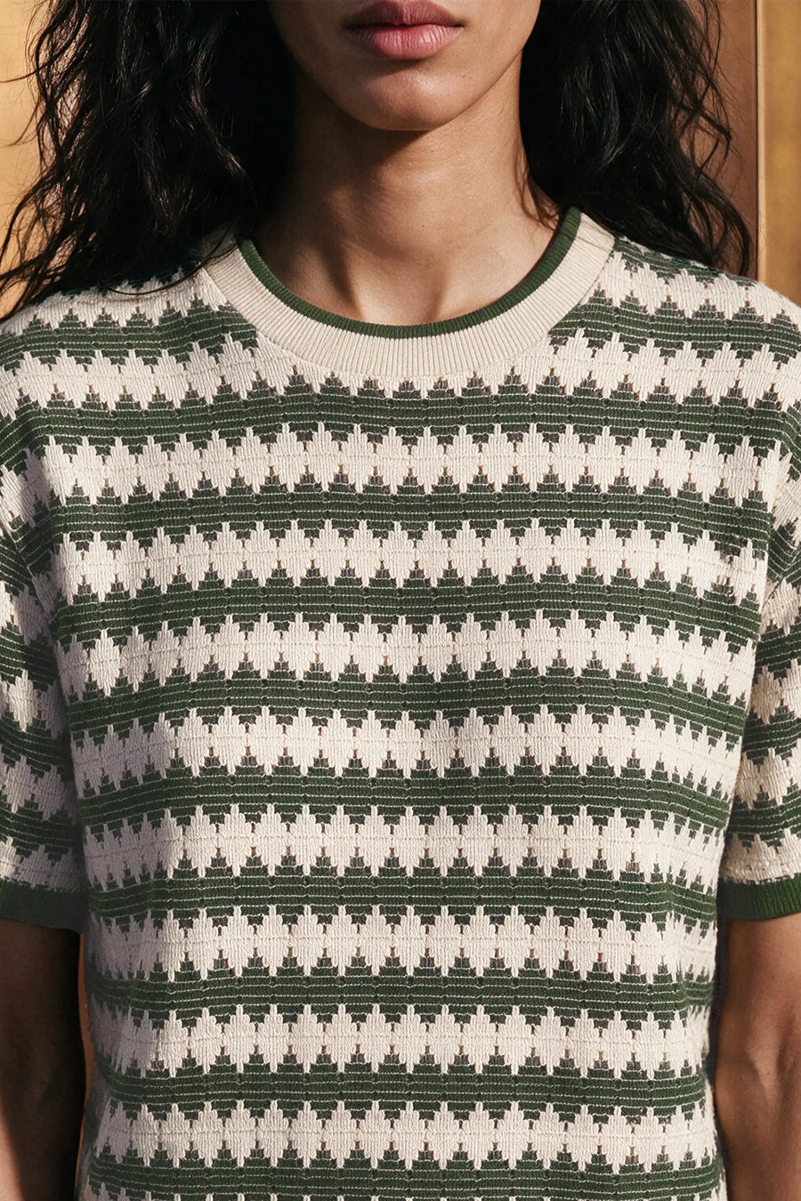 Crochet Knit Ringer Tee / OLIVE