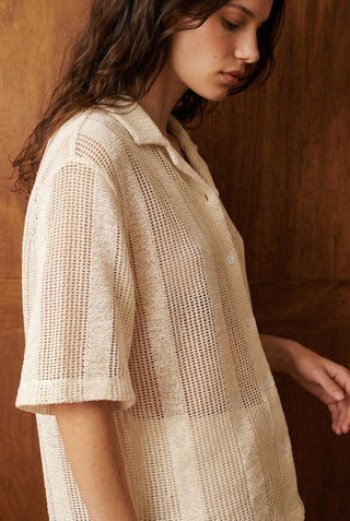 Relaxed Crochet Resort Striped Shirt in Ivory